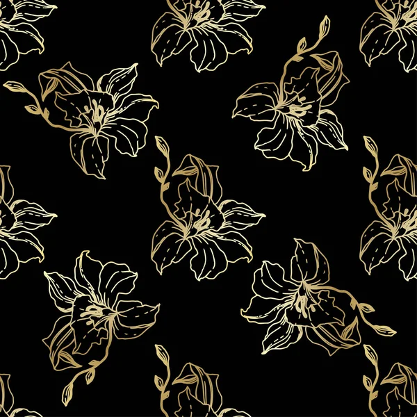 Schöne Goldene Orchideenblüten Nahtlose Hintergrundmuster Textur Für Stofftapeten Gravierte Tuschekunst — Stockvektor