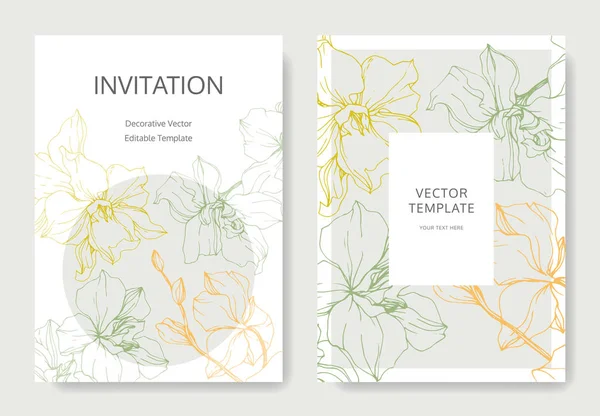 Sarı Yeşil Turuncu Orkide Çiçekler Oyulmuş Mürekkep Sanat Düğün Kartları — Stok Vektör