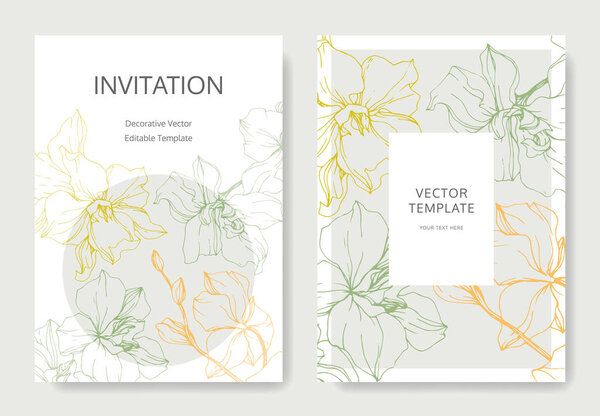 Yellow, green and orange orchid flowers. Engraved ink art. Wedding cards with floral decorative borders. Thank you, rsvp, invitation elegant cards illustration graphic set.