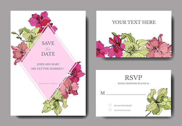 Beautiful orchid flowers engraved ink art. Wedding cards with floral decorative borders. Thank you, rsvp, invitation elegant cards illustration graphic set.