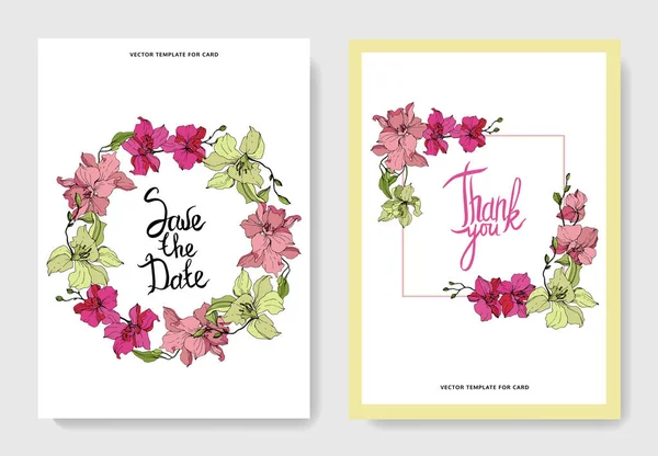 Hermosas Flores Orquídea Grabado Arte Tinta Tarjetas Boda Con Bordes — Vector de stock