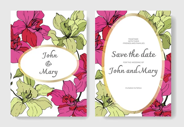 Lindas Flores Orquídeas Gravadas Arte Tinta Cartões Casamento Com Bordas —  Vetores de Stock