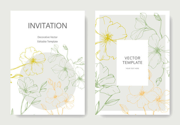 Vector. Flax flowers. Engraved ink art. Wedding cards with floral decorative borders. Thank you, rsvp, invitation elegant cards illustration graphic set.