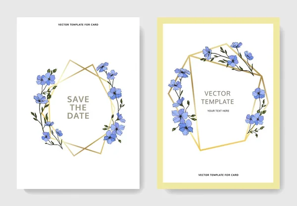 Vektor Blaue Flachsblüten Tuschebilder Hochzeitskarten Mit Floralen Zierrändern Danke Rsvp — Stockvektor