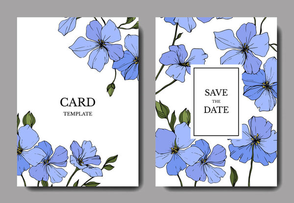 Vector. Blue flax flowers. Engraved ink art. Wedding cards with floral decorative borders. Thank you, rsvp, invitation elegant cards illustration graphic set.