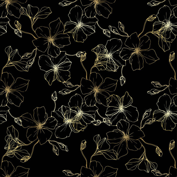 Vector. Flax flowers. Engraved ink art. Seamless pattern on black background. Fabric wallpaper print texture.