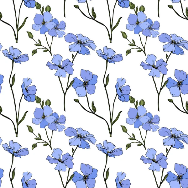 Gyönyörű Kék Len Virágok Vésett Tinta Art Varrat Nélküli Mintát — Stock Vector