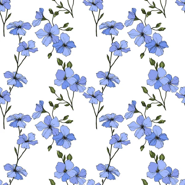 Прекрасні Блакитні Льонові Квіти Вигравіруване Чорнило Безшовний Візерунок Білому Тлі — стоковий вектор