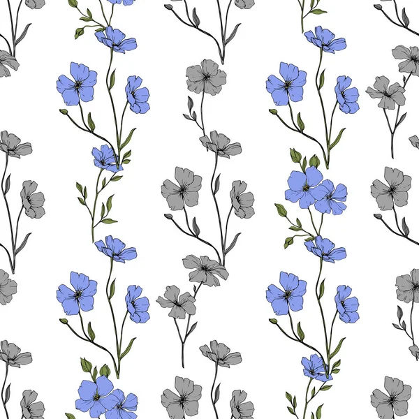 Beautiful Blue Flax Flowers Engraved Ink Art Seamless Pattern White — Stock Vector