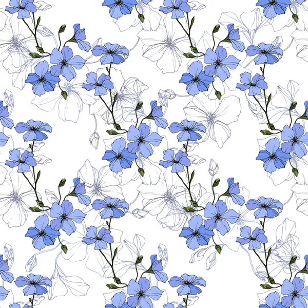 美しい青い亜麻の花 刻まれたインク アート 白い背景の上のシームレスなパターン 壁紙印刷手触りの生地 — ストックベクタ