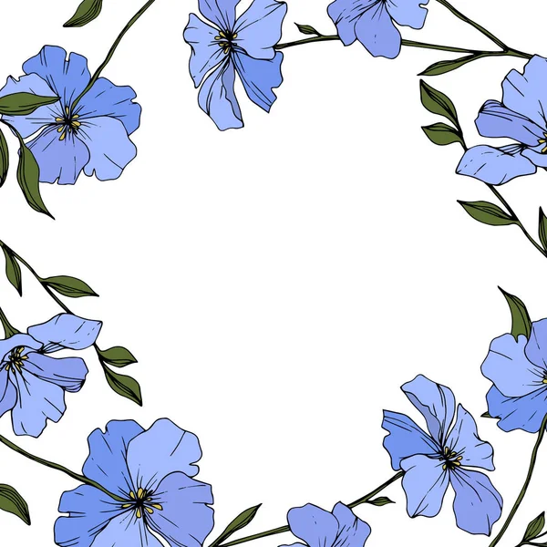 蓝色亚麻花与绿叶和芽查出在白色背景 雕刻的水墨艺术 — 图库矢量图片