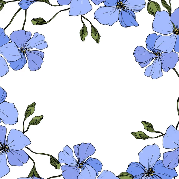 Vektör. Yeşil yaprakları ve beyaz arka plan üzerinde izole tomurcukları ile mavi keten çiçekler. Oyulmuş mürekkep sanat. 