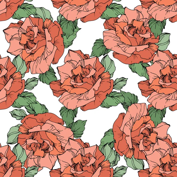 Red Roses Engraved Ink Art Seamless Background Pattern Fabric Wallpaper — Stock Vector