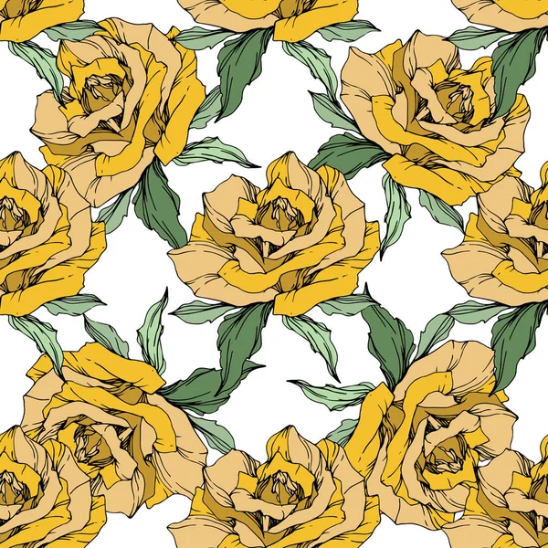 Rosas Amarillas Arte Tinta Grabada Patrón Fondo Sin Costuras Textura — Vector de stock