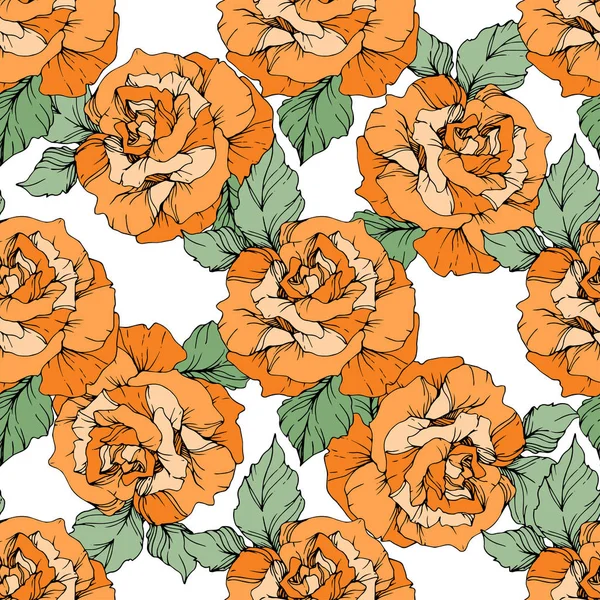 Orange Roses Engraved Ink Art Seamless Background Pattern Fabric Wallpaper — Stock Vector