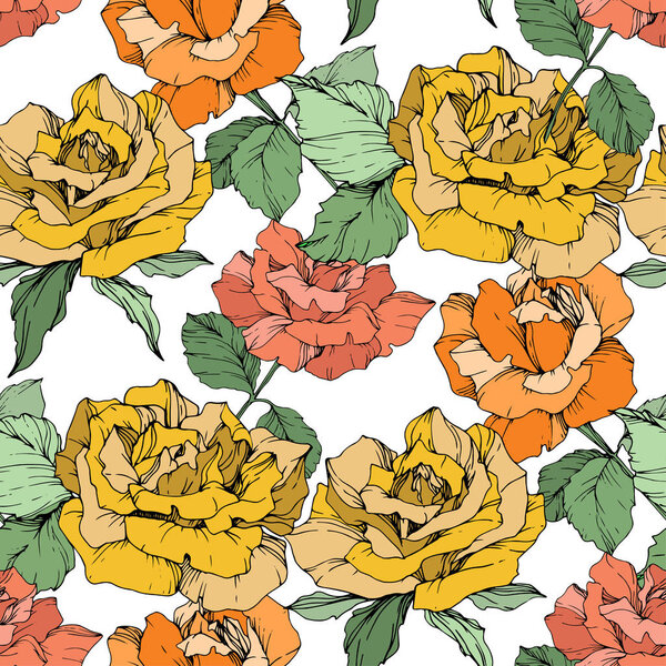 Orange, yellow and coral roses. Engraved ink art. Seamless background pattern. Fabric wallpaper print texture on white background.