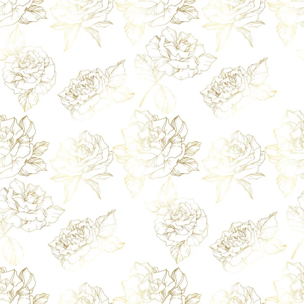 Vector Roses Golden Engraved Ink Art Seamless Background Pattern Fabric — Stock Vector