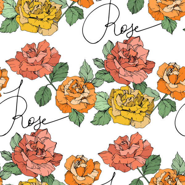 Orange, yellow and coral roses. Engraved ink art. Seamless background pattern. Fabric wallpaper print texture on white background.