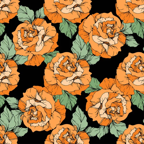 Rosas Naranjas Arte Tinta Grabada Patrón Fondo Sin Costuras Textura — Vector de stock