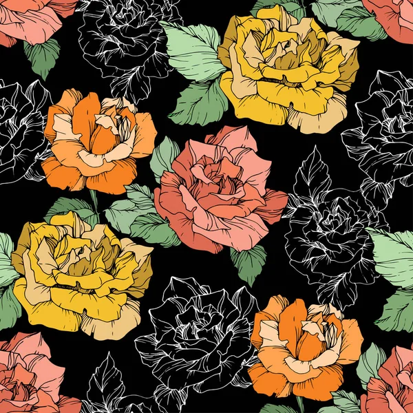 Orange Yellow Coral Roses Engraved Ink Art Seamless Background Pattern — Stock Vector