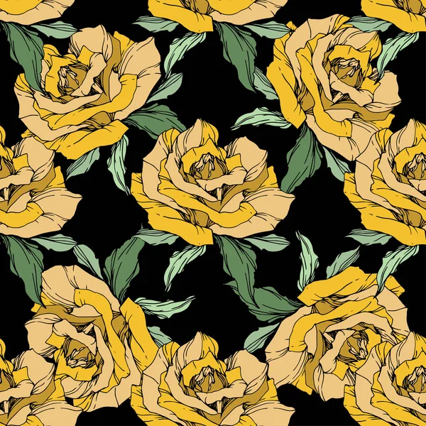 Yellow Roses Engraved Ink Art Seamless Background Pattern Fabric Wallpaper — Stock Vector