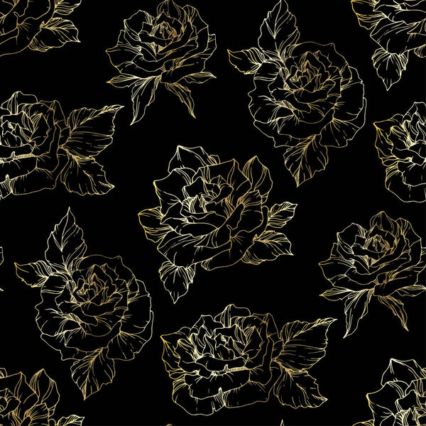 Outline rose flowers. Engraved ink art. Seamless background pattern. Fabric wallpaper print texture on black background.