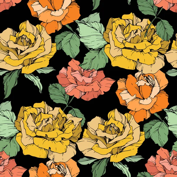 Rosas Naranjas Amarillas Coralinas Arte Tinta Grabada Patrón Fondo Sin — Vector de stock
