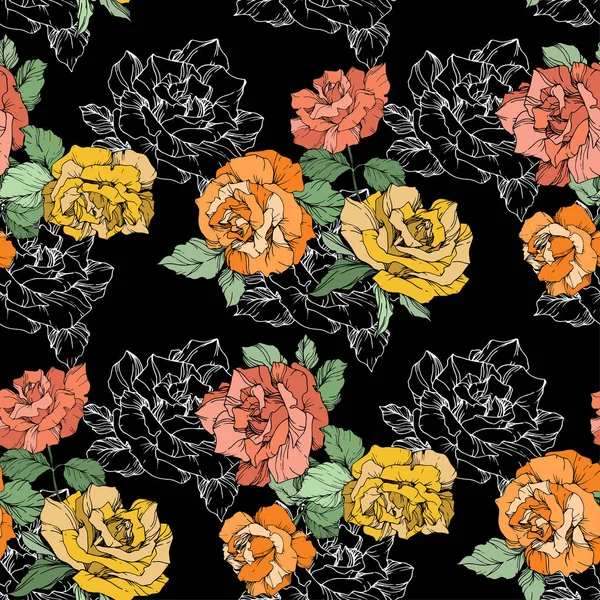 Orange Yellow Coral Roses Engraved Ink Art Seamless Background Pattern — Stock Vector