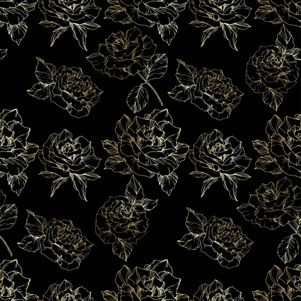 バラの花を概説します 刻まれたインク アート シームレスな背景パターン 織物壁紙は 黒の背景にテクスチャを印刷します — ストックベクタ