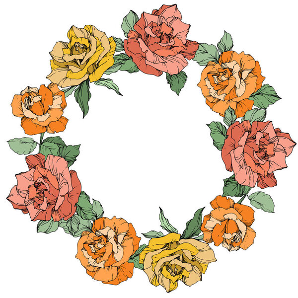 Цветочный венок из векторных роз на белом фоне. Желтые, оранжевые и коралловые розы
.