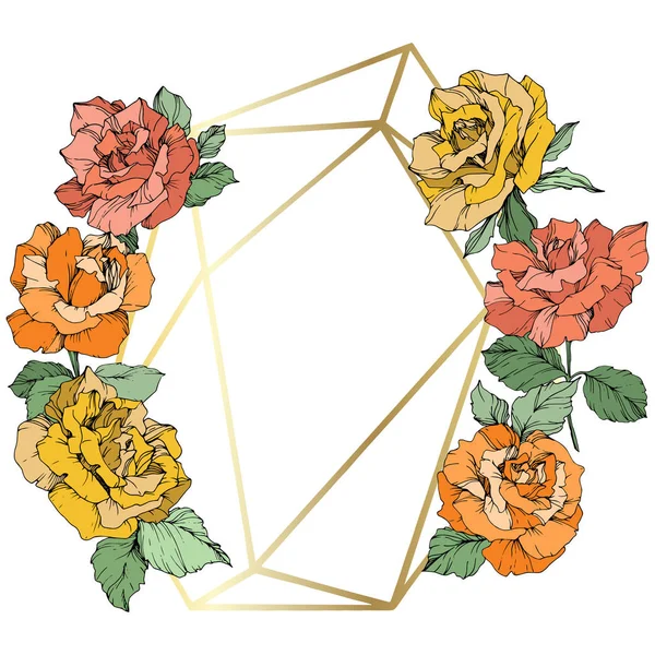 Vector Rose Flowers Golden Crystal Frame Orange Yellow Coral Roses — Stock Vector