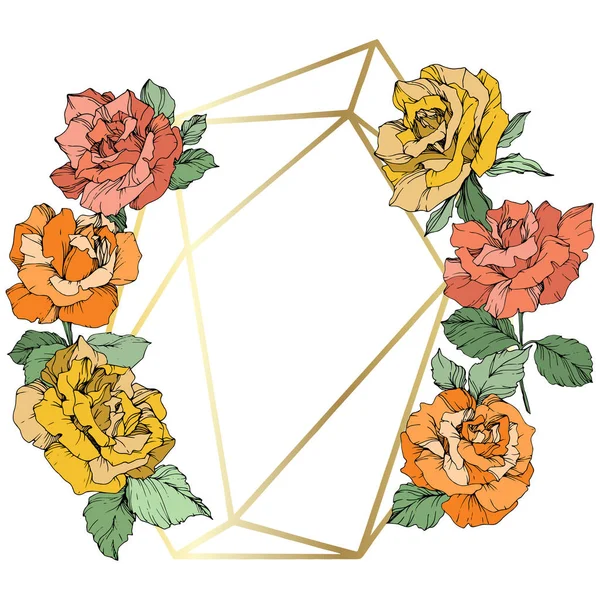 Vector Flores Rosas Marco Cristal Dorado Rosas Anaranjadas Amarillas Coralinas — Archivo Imágenes Vectoriales