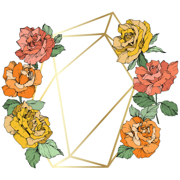 Vector. Rose flowers and golden crystal frame. Orange, yellow and coral roses engraved ink art. Geometric crystal polyhedron shape on white background.
