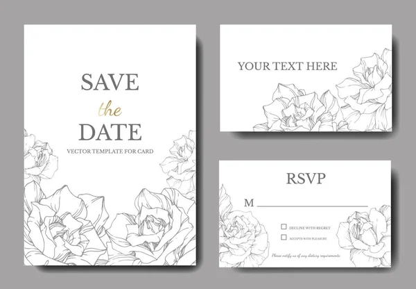 ベクトル 白いカードにシルバー ローズの花 結婚式の花の装飾的なボーダーをカード ありがとう Rsvp 招待エレガントなカード イラスト グラフィック セット — ストックベクタ