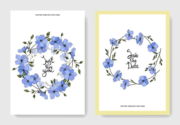 Vector. Blue flax flowers. Engraved ink art. Wedding cards with floral decorative borders. Thank you, rsvp, invitation elegant cards illustration graphic set. — Stock Illustration Vector Blue Flax Flowers Engraved Ink Art Wedding Cards Floral Royalty Free Stock Vectors