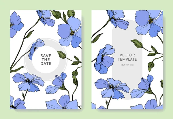 Vector. Blue flax flowers. Engraved ink art. Wedding cards with floral decorative borders. Thank you, rsvp, invitation elegant cards illustration graphic set. — Stock Illustration Vector Blue Flax Flowers Engraved Ink Art Wedding Cards Floral Stock Illustration
