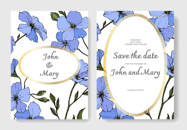 Vector. Blue flax flowers. Engraved ink art. Wedding cards with floral decorative borders. Thank you, rsvp, invitation elegant cards illustration graphic set. — Stock Illustration Vector Blue Flax Flowers Engraved Ink Art Wedding Cards Floral Stock Illustration