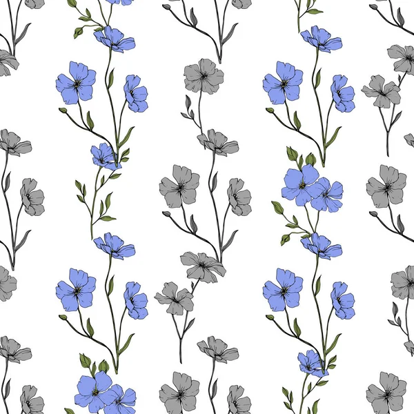 Beautiful blue flax flowers. Engraved ink art. Seamless pattern on white background. Fabric wallpaper print texture. — Stock Illustration Beautiful Blue Flax Flowers Engraved Ink Art Seamless Pattern White Royalty Free Stock Vectors