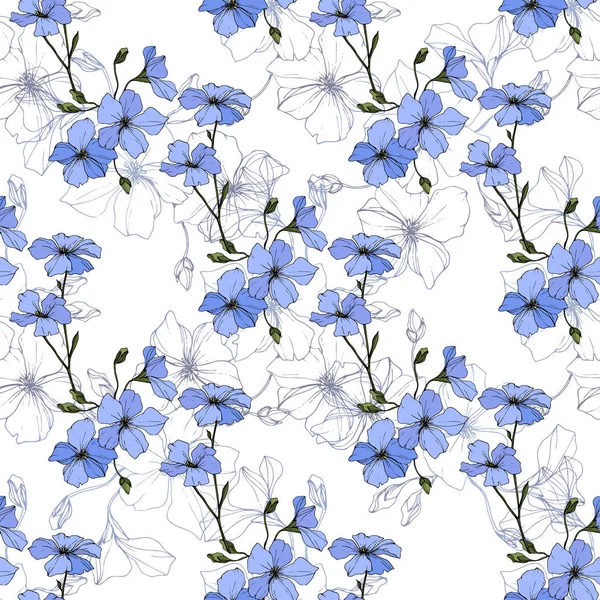 Beautiful blue flax flowers. Engraved ink art. Seamless pattern on white background. Fabric wallpaper print texture. — Stock Illustration Beautiful Blue Flax Flowers Engraved Ink Art Seamless Pattern White Vector Graphics