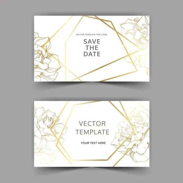 Vector. Golden rose flowers on cards. Wedding cards with golden borders. Thank you, rsvp, invitation elegant cards illustration graphic set. Engraved ink art. — Stock Illustration Vector Golden Rose Flowers Cards Wedding Cards Golden Borders Thank Vector Graphics