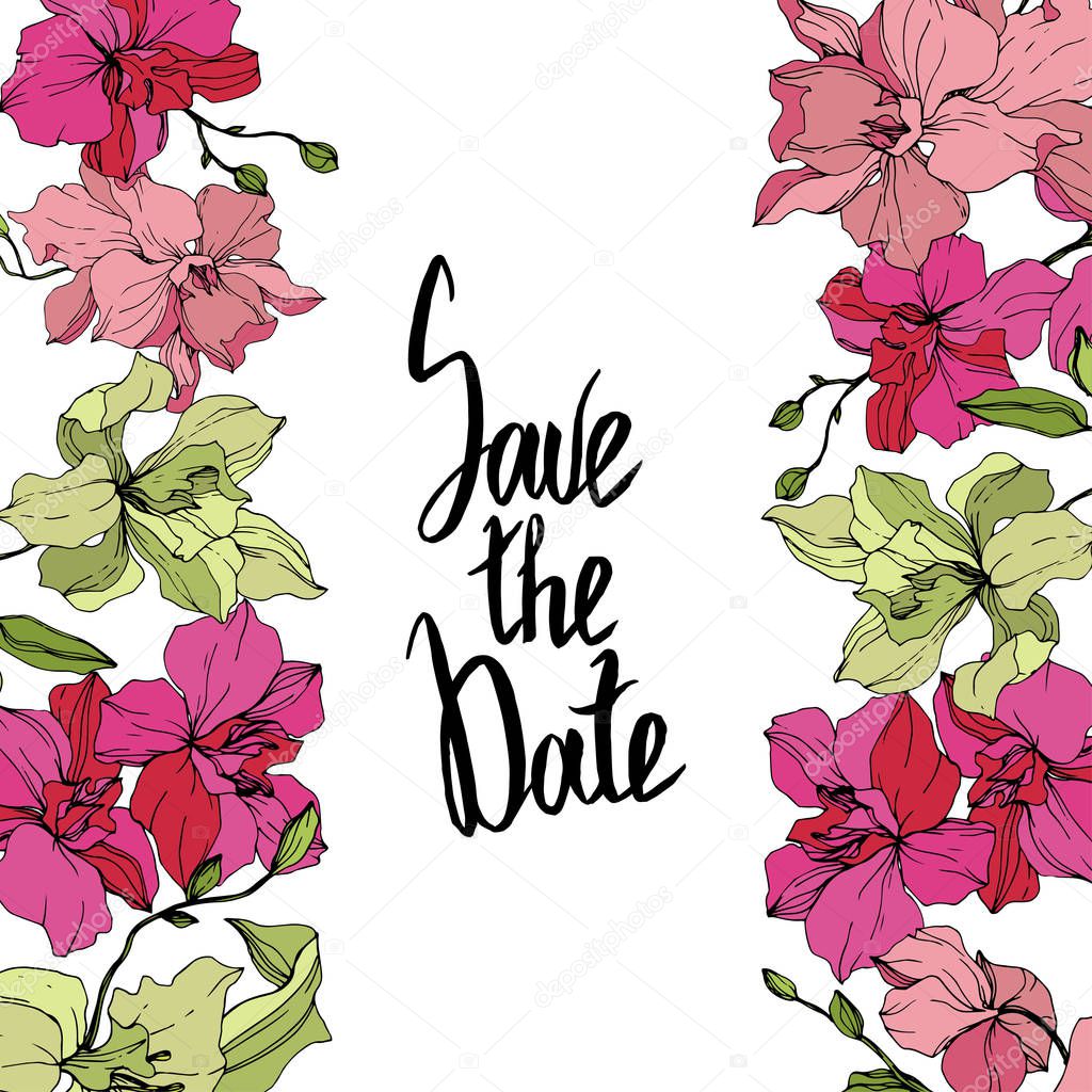 Beautiful pink and yellow orchid flowers. Engraved ink art. Floral borders. Save the Date handwriting monogram calligraphy. 