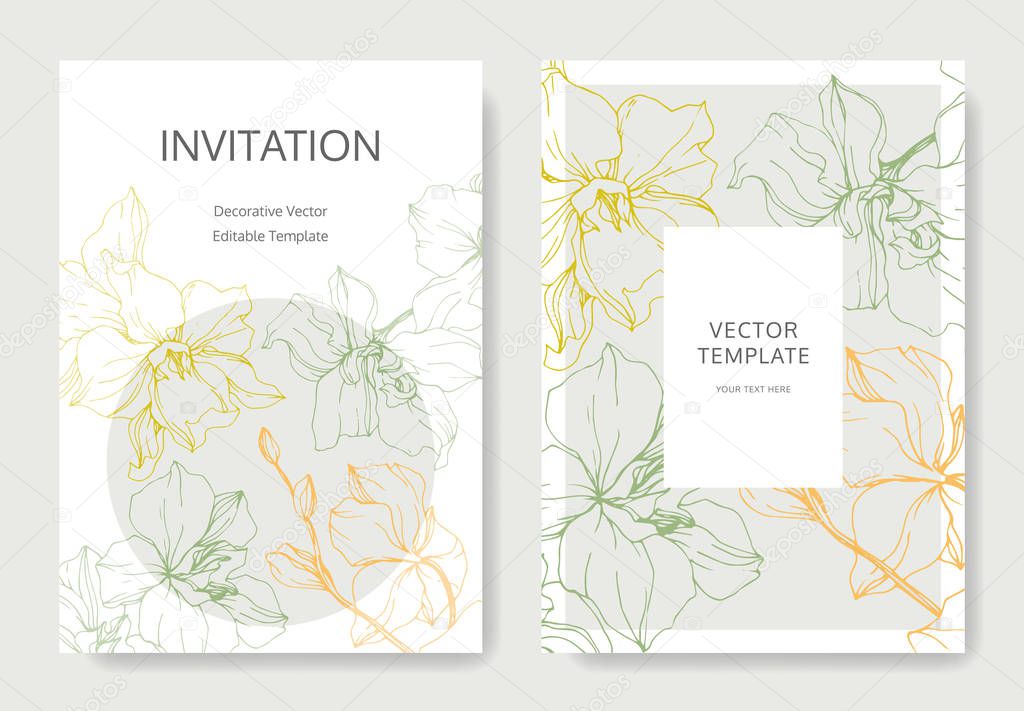 Yellow, green and orange orchid flowers. Engraved ink art. Wedding cards with floral decorative borders. Thank you, rsvp, invitation elegant cards illustration graphic set.