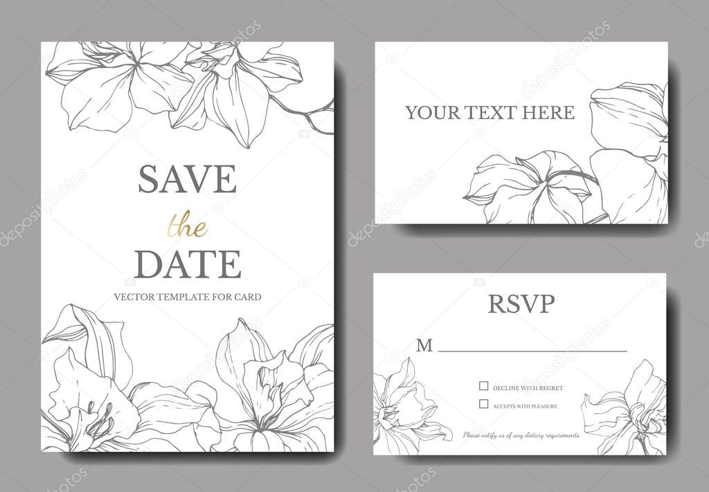 Beautiful Vector Orchid Flowers. Silver engraved ink art. Wedding cards with floral decorative borders. Thank you, rsvp, invitation elegant cards illustration graphic set.