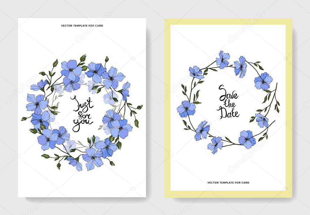 Vector. Blue flax flowers. Engraved ink art. Wedding cards with floral decorative borders. Thank you, rsvp, invitation elegant cards illustration graphic set.