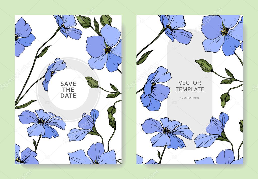 Vector. Blue flax flowers. Engraved ink art. Wedding cards with floral decorative borders. Thank you, rsvp, invitation elegant cards illustration graphic set.
