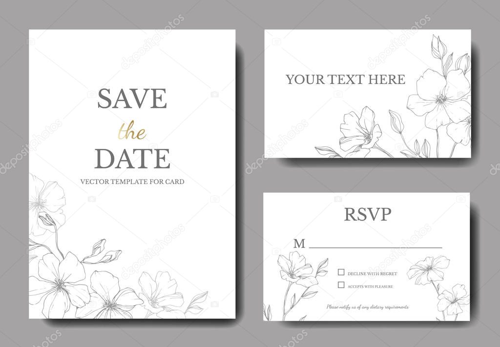 Vector. Flax flowers. Engraved ink art. Wedding cards with floral decorative borders. Thank you, rsvp, invitation elegant cards illustration graphic set.