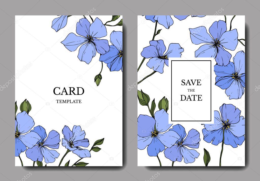 Vector. Blue flax flowers. Engraved ink art. Wedding cards with floral decorative borders. Thank you, rsvp, invitation elegant cards illustration graphic set.