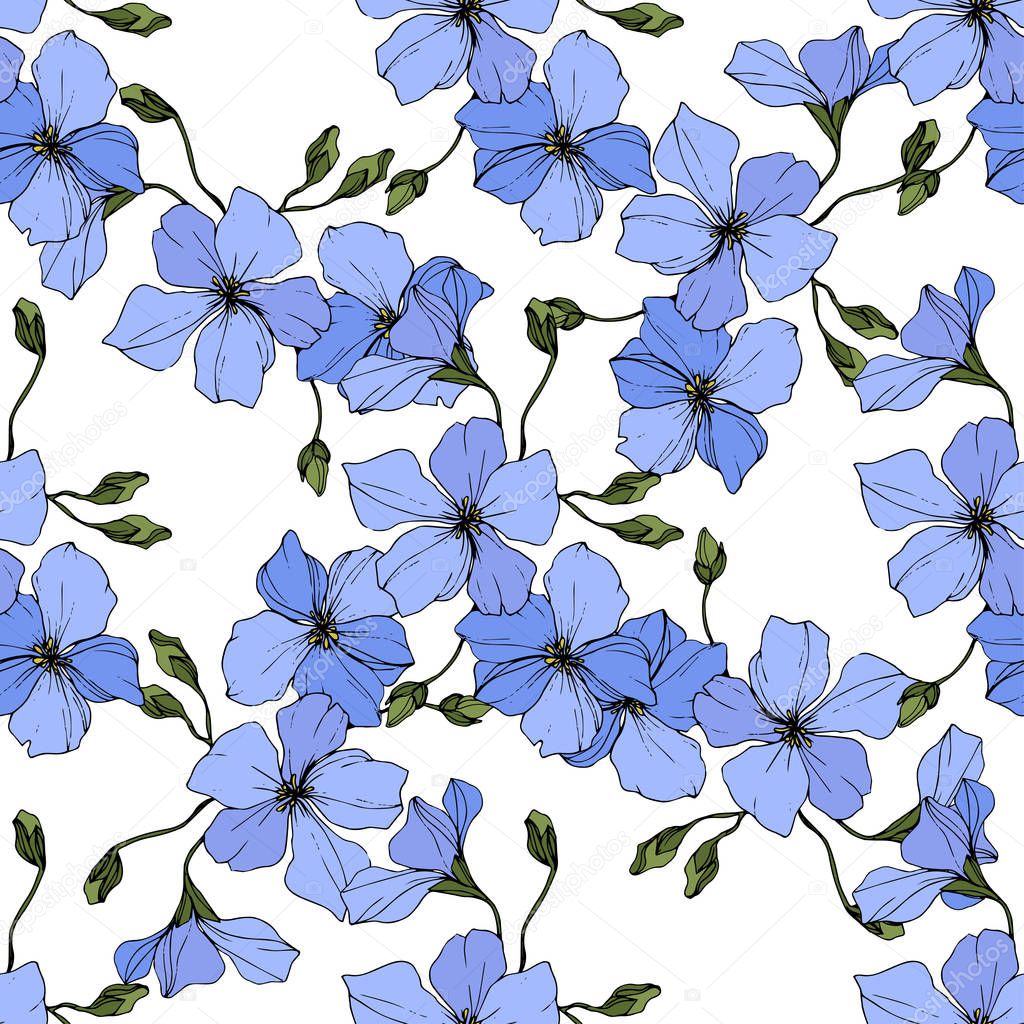 Beautiful blue flax flowers. Engraved ink art. Seamless pattern on white background. Fabric wallpaper print texture.