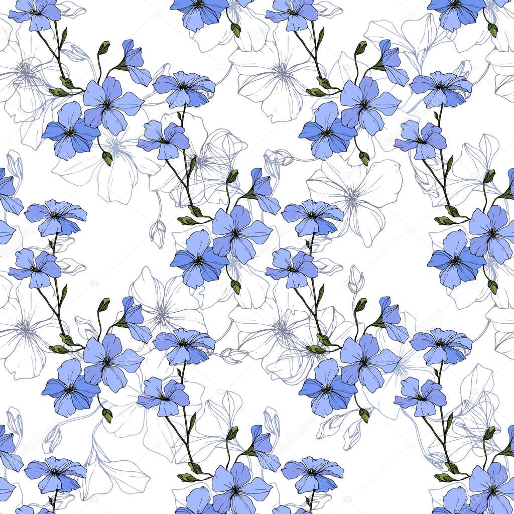 Beautiful blue flax flowers. Engraved ink art. Seamless pattern on white background. Fabric wallpaper print texture.