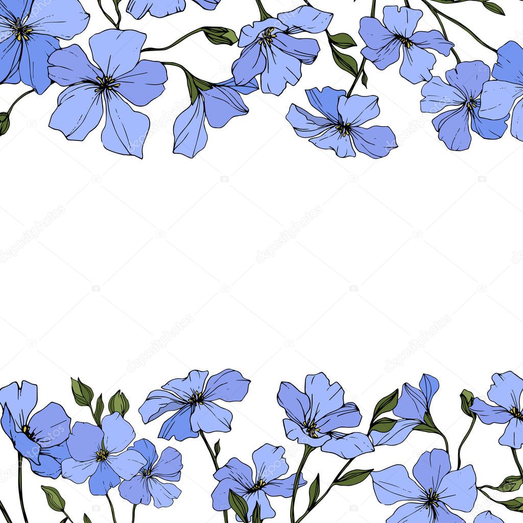 Vector. Blue flax flowers with green leaves and buds isolated on white background. Engraved ink art. 